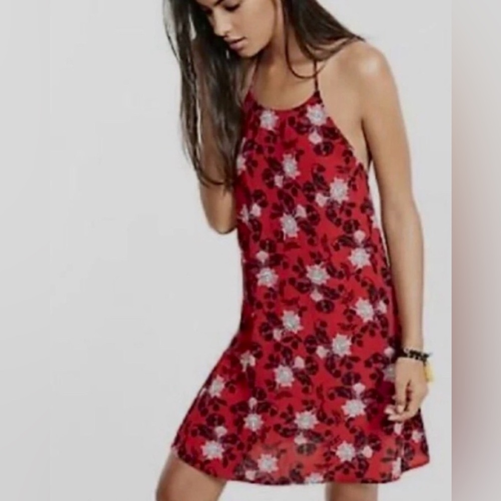 Red Floral backless halter dress with Tassels